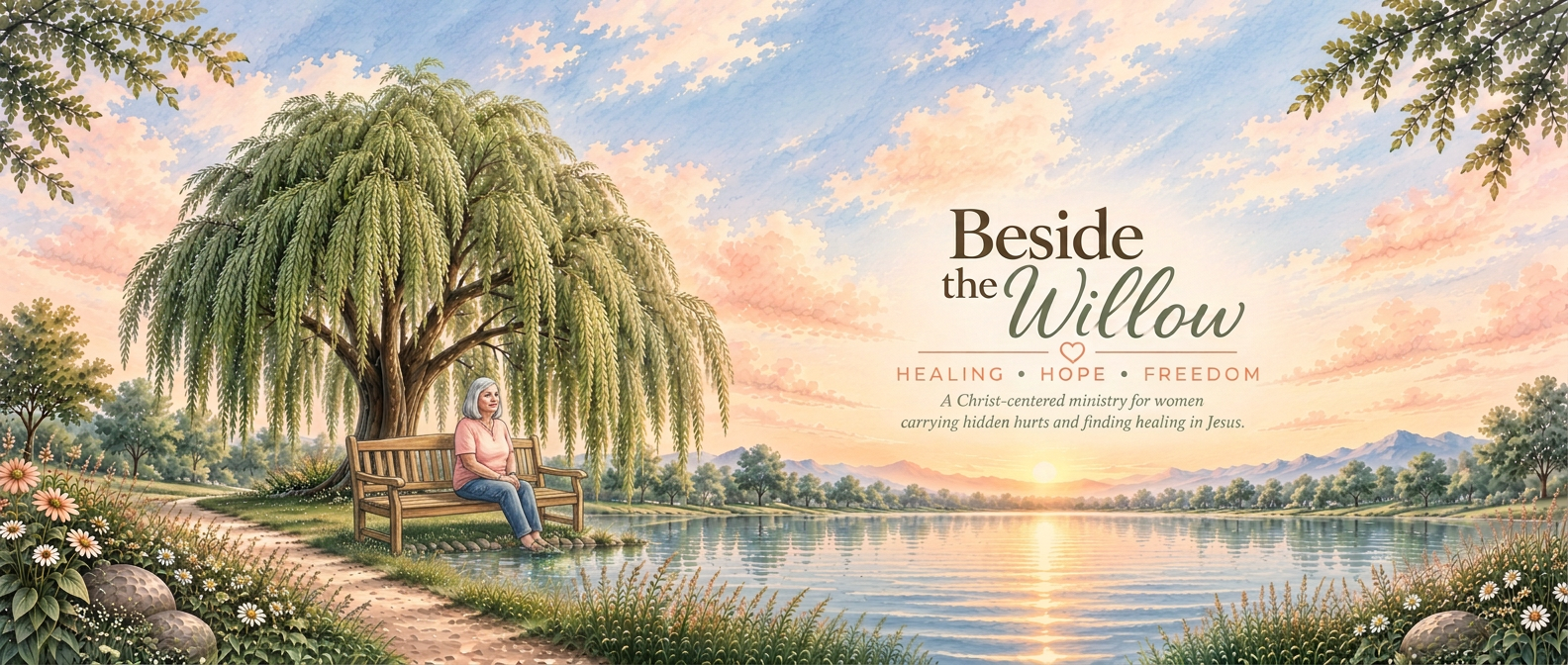 Chris sitting on a bench beneath a willow beside a lake at sunset — Beside the Willow, Healing, Hope, Freedom.